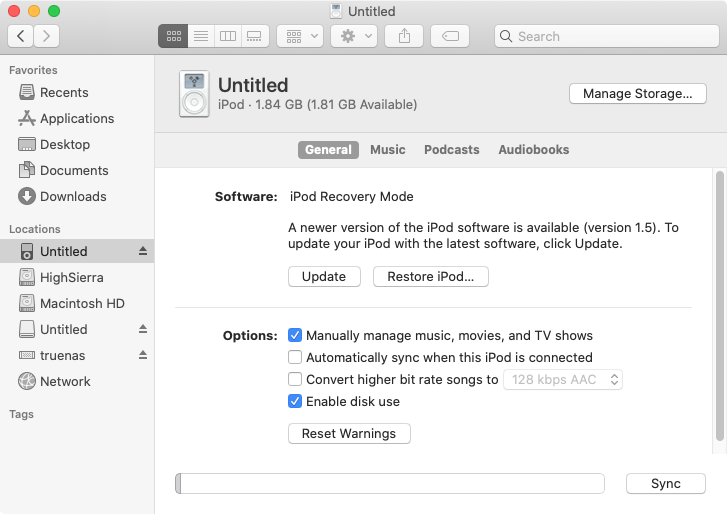 Finder showing iPod Recovery Mode with Update and Restore iPod buttons